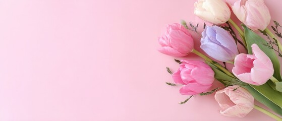 Pastel Tulips Bouquet on Light Pink Background, Spring Floral Arrangement for Mothers Day, Easter, or Romantic Occasion