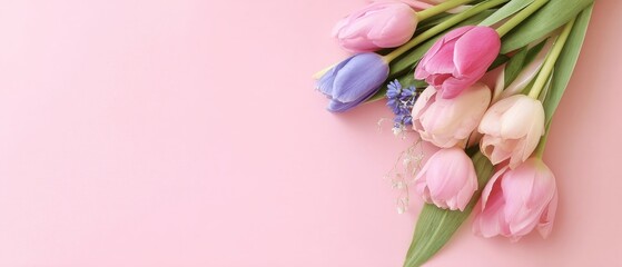 Pastel Tulips Bouquet on Pink Background, Springtime Floral Arrangement with Delicate Pink, Purple, and White Flowers for Mothers Day or Easter