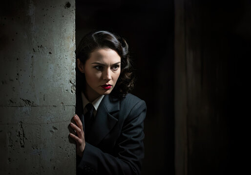 Vintage style female secret agent infiltrate enemies secret bunker cautiously..