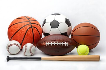 Assortment of sports balls and a baseball bat arranged against a clean white background