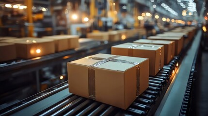 Boxes travel on a conveyor belt within a warehouse, highlighting industrial efficiency.