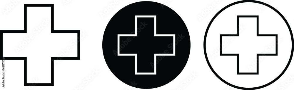 Poster plus sign icons set outline styles. add more symbols illustration. addition vectors. medical plus si