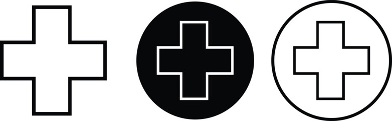 Plus sign icons set outline styles. Add more symbols illustration. Addition vectors. Medical Plus silhouette for web site and mobile app design. Geometric elements isolated on transparent background.