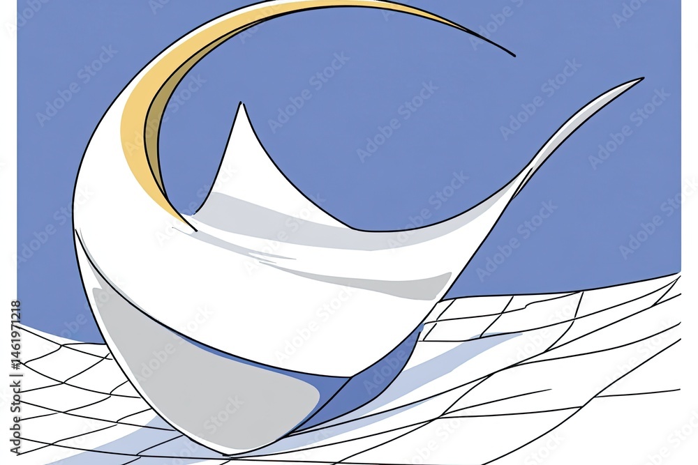 Poster abstract graphic design of a stylized, white, and light-yellow object, appearing to float or hover a