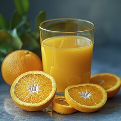 Freshly squeezed orange juice sits in a glass alongside whole and sliced oranges on a textured surface with green foliage backdrop.