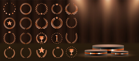 Fototapeta premium Laurel wreath badge celebrates excellence and top result. Golden leaves wrap in decorative symmetrical formation. Set includes best price, choice, and seller designs. Vector icons set