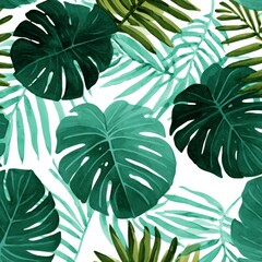 Watercolor Tropical Leaf Pattern Green Foliage