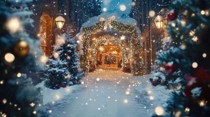 Naklejka premium Snowy Christmas entrance with lights and decorations.