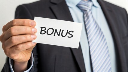 Obraz premium businessman holding a paper with bonus word on white background
