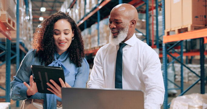 Distribution, people or teamwork in warehouse, tablet or online schedule for supply chain. Employees, logistics or meeting with smile, stock or tech for email, quality control or inventory management