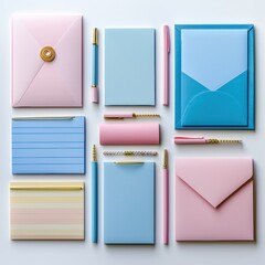 Elegant pastel stationery arrangement featu envelopes, notebooks, and pens, creating a calming and organized workspace aesthetic.