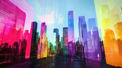 Colorful city skyline reflected in glass panels.