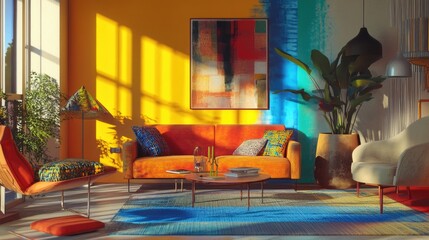 Sunny living room with orange sofa, colorful rug, and abstract art.