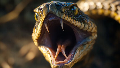Obraz premium Close-up of King Cobra with Fangs Exposed in Striking Pose