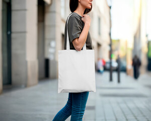 Woman Holding Canvas Tote Bag in Urban Setting