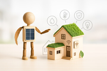 Eco friendly sustainable house model with green roof and solar powered wooden figure showing smart home technology concept