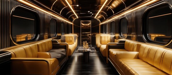 Luxurious train car interior with gold accents and leather seating.