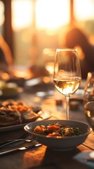 A glass of white wine and a bowl of salad sit on a table set for a warm outdoor gathe as the sun sets in the golden background.