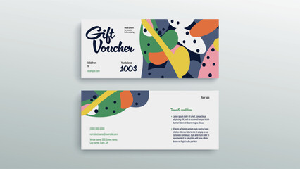 Abstract gift voucher card template. Modern discount coupon or certificate layout with geometric shape pattern. Vector fashion bright background design with information sample text.