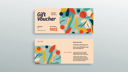 Abstract gift voucher card template. Modern discount coupon or certificate layout with geometric shape pattern. Vector fashion bright background design with information sample text.