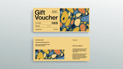 Abstract gift voucher card template. Modern discount coupon or certificate layout with geometric shape pattern. Vector fashion bright background design with information sample text