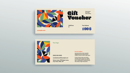 Abstract gift voucher card template. Modern discount coupon or certificate layout with geometric shape pattern. Vector fashion bright background design with information sample text.