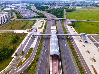 subway station and highway in the Washington, D.C. suburb. A drone view of an empty station.