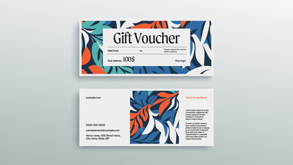 Abstract gift voucher card template. Modern discount coupon or certificate layout with geometric shape pattern. Vector fashion bright background design with information sample text