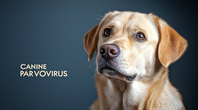 Golden Labrador retriever with a serious expression against a blue backdrop with canine parvovirus warning