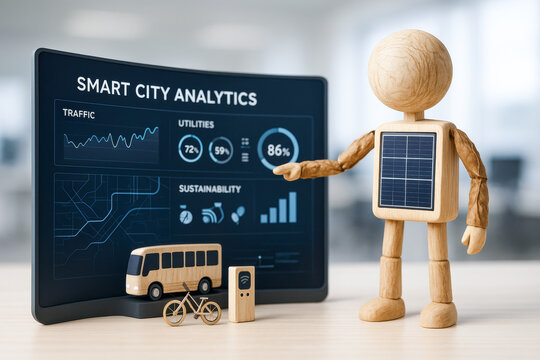 Sustainable eco friendly smart city analytics with solar powered figure showing traffic utility and green energy data for urban planning