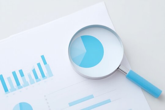 minimalist image showcasing person analyzing pie chart with magnifying glass scattered charts and graphs around on