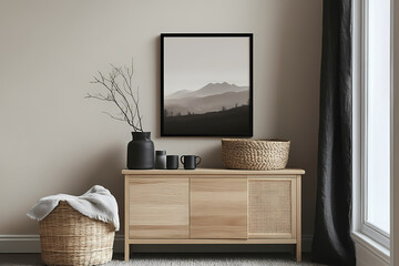 Minimalist Interior Scene with Abstract Mountain Artwork, a Cozy Wooden Chair, and a Bench with Tea Set, Featuring Earthy Tones and Natural Elements for a Calm and Serene Home Decor Aesthetic