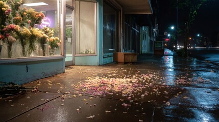 A quiet night scene of a flower shop with scattered petals on the wet sidewalk, illuminated by streetlights