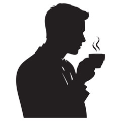 A businessman silhouette standing and drinking coffee, with one hand holding a coffee cup near his mouth Vector Black silhouettes. with white background
