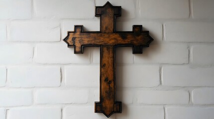 A wooden cross is hanging on a white brick wall