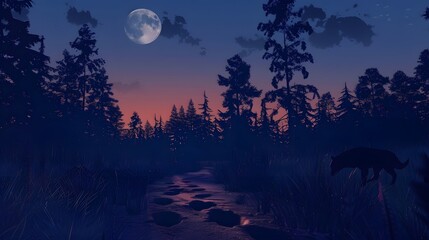 Fototapeta premium Wolf Tracks in Forest Clearing: Deep wolf tracks in a forest clearing, with howling wolves silhouetted against the moon. 