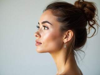 Fototapeta premium Perfect face profile woman, natural cosmetics for face care. Portrait of a fashion woman with a bunch of hair.