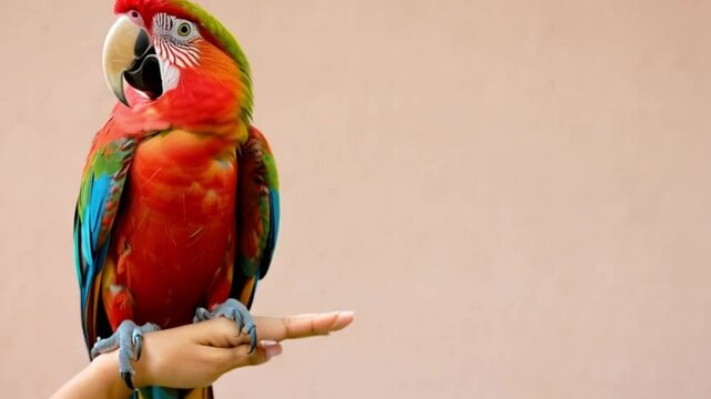 Colorful macaw parrot perched calmly on a hand against soft pastel background with copy space