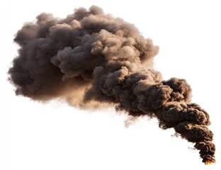 Dense, dark smoke billows upward from a fiery source, against a white background.  Thick plumes of dark smoke and orange flames rise from a central point