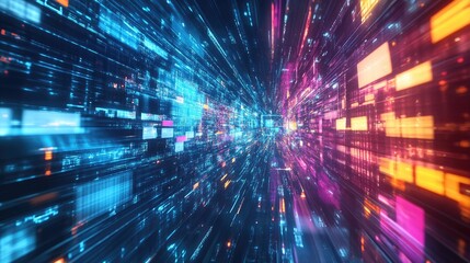 Fototapeta premium Futuristic digital tunnel with glowing data streams and vibrant colors.