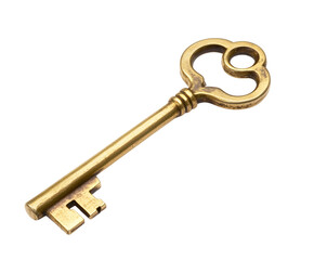 A golden key to an old house, isolated from a white background.