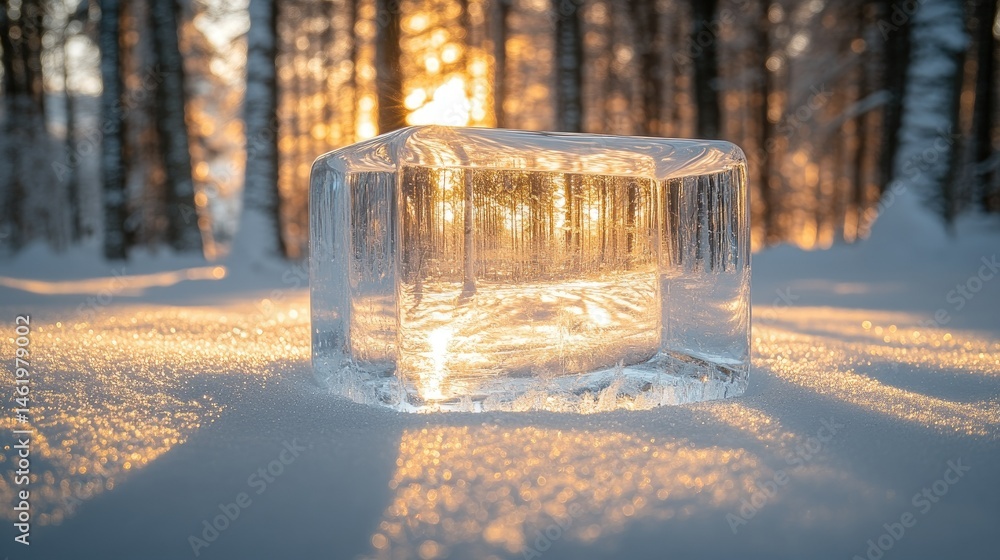 Poster perfectly clear ice cube 1 meter square resting at an angle in snow, magnifying and distorting the w