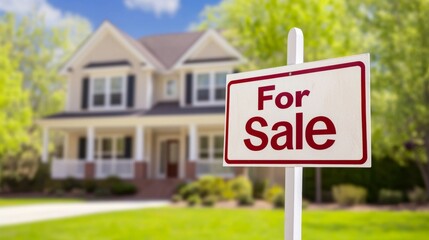 Obraz premium Suburban House with For Sale Sign Surrounded by Lush Greenery and Clear Blue Sky