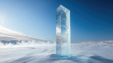 Smooth ice obelisk at least 2 meters tall, its glass-like surface reflecting the surrounding snowscape, cold vapor rising from the undisturbed snow at its base