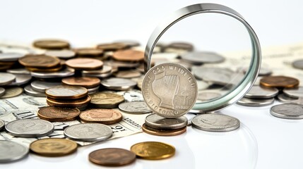 coins magnifying glass white background