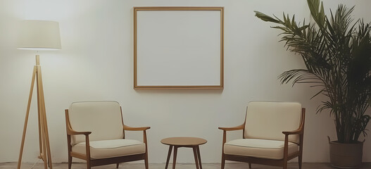 Minimalist Interior Scene with Abstract Mountain Artwork, a Cozy Wooden Chair, and a Bench with Tea Set, Featuring Earthy Tones and Natural Elements for a Calm and Serene Home Decor Aesthetic