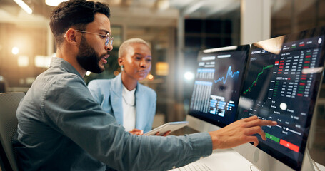 Collaboration, computer screen and stock market trading with business people in office together....