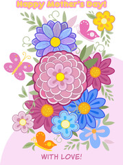 Mother's Day greeting card floral decoration with beautiful flowers and butterfly pattern design pink and yellow color Holiday, Birthday, Anniversary, invitation gifts for mom cozy elements frame art