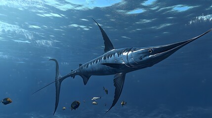 Obraz premium A majestic marlin swims through the deep ocean depths.