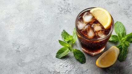 Chilled cola with lemon wedge and ice cubes garnished with mint, served on gray textured surface, ideal for drink promotions, banners, and cafe menu visuals